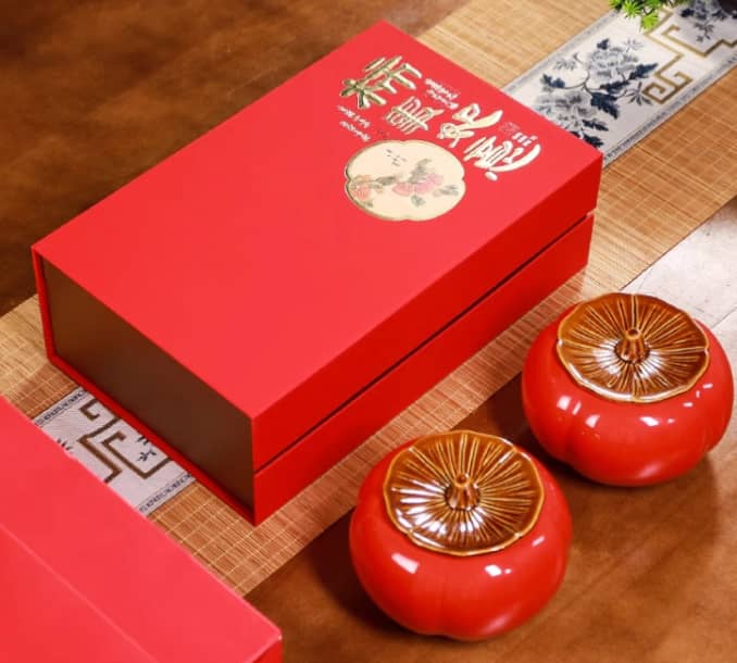  茶叶包装盒空礼盒陶瓷罐柿子罐红茶绿茶礼盒装空盒半斤装定制logo
